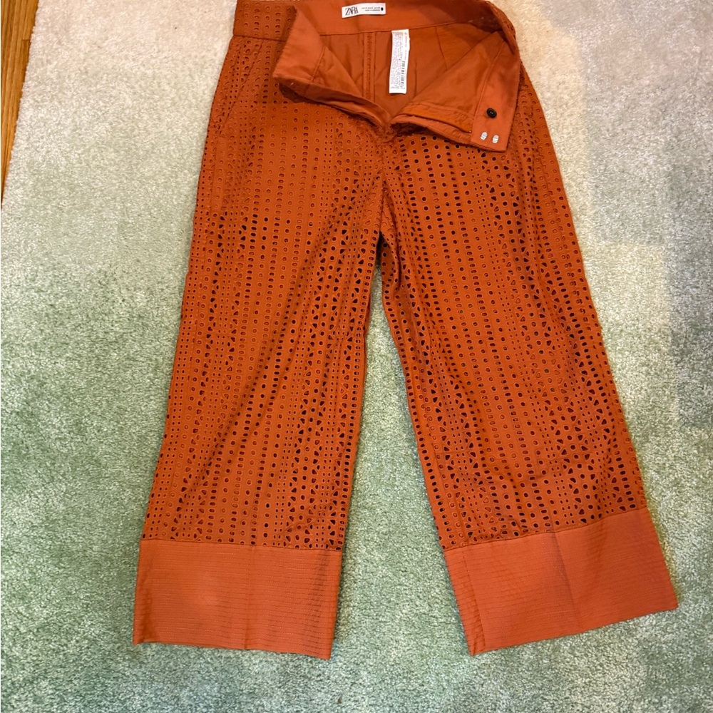 Orange Eyelet Wide-Leg Pants